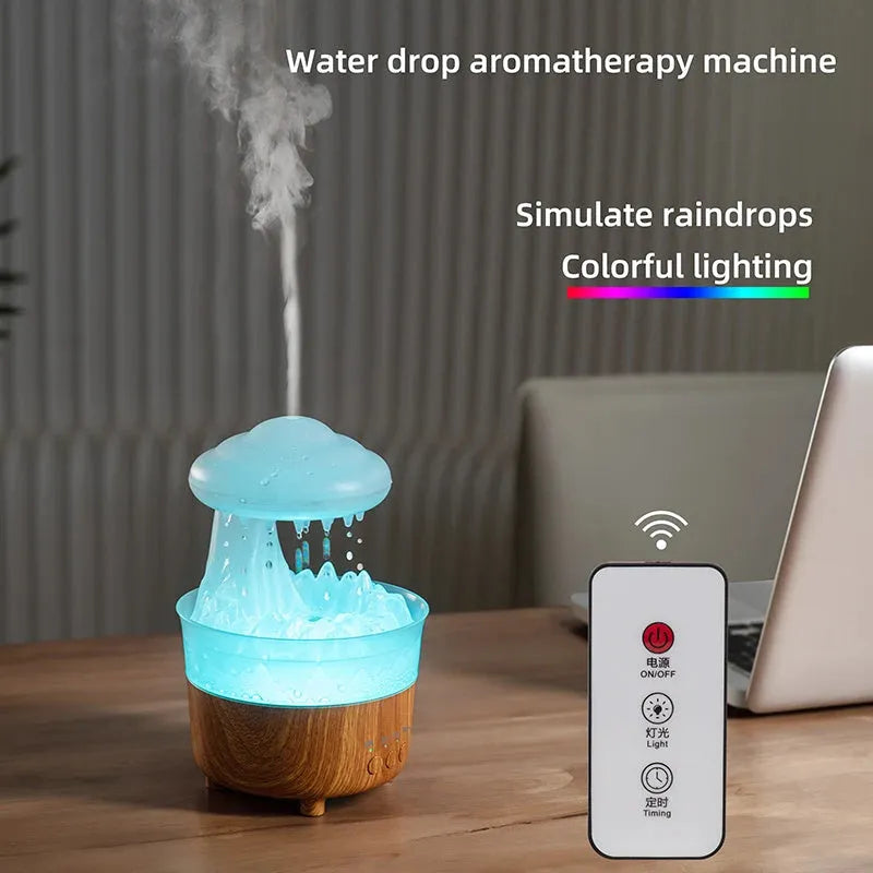 Wood grain finished rain cloud humidifier diffuser with coloured LED night light on table