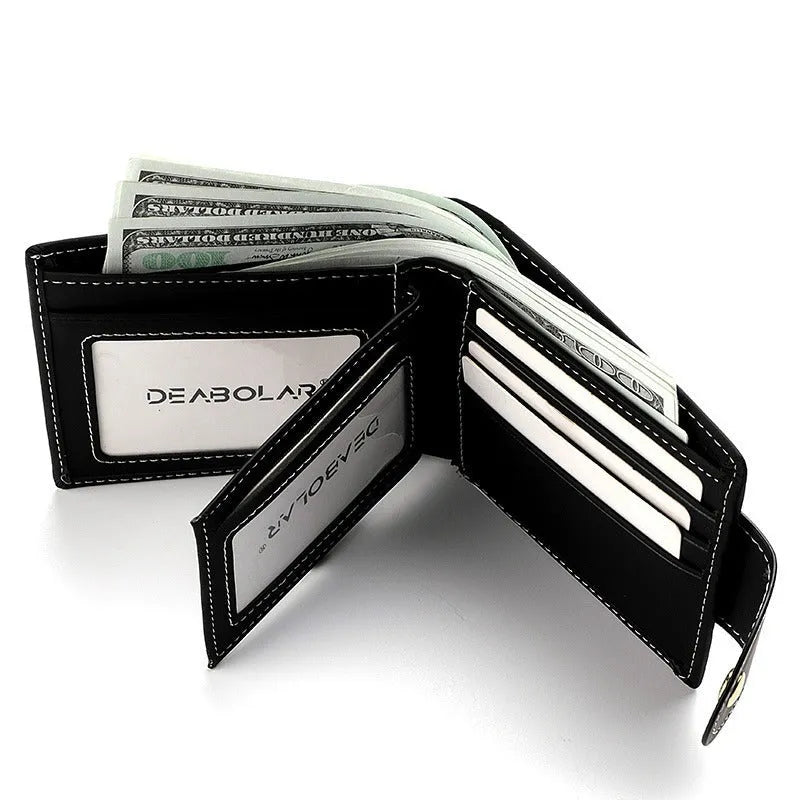 Black animal print men's short wallet with a zipper closure and multiple card slots.