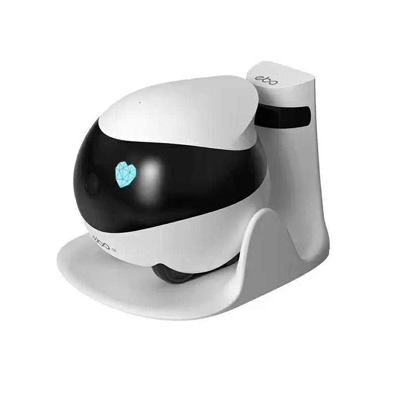 White mobile robot security camera with automatic docking station