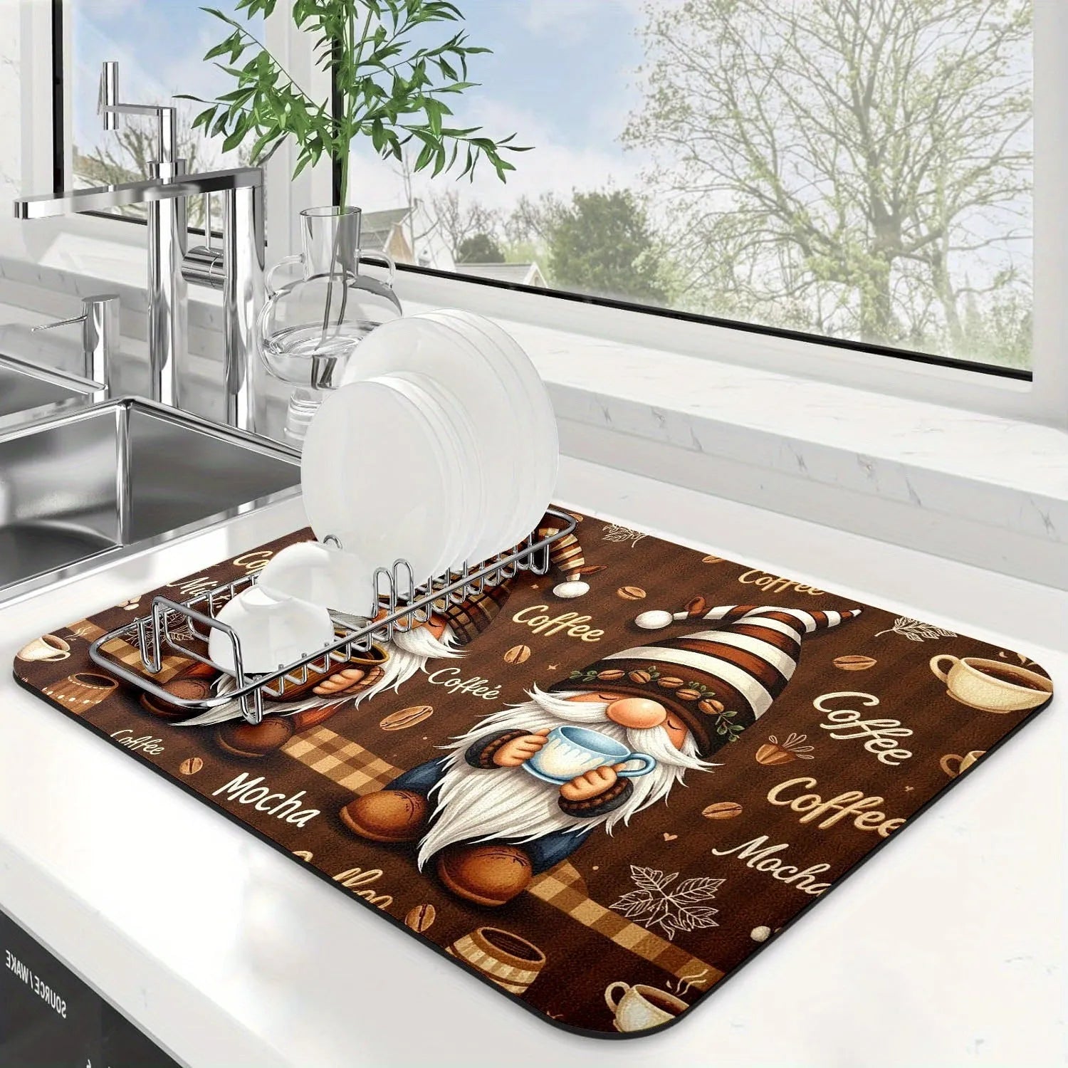 Square PVC coffee maker water draining pad in K Coffee Time colour, modern simplicity style, 30x40cm size on kitchen countertop
