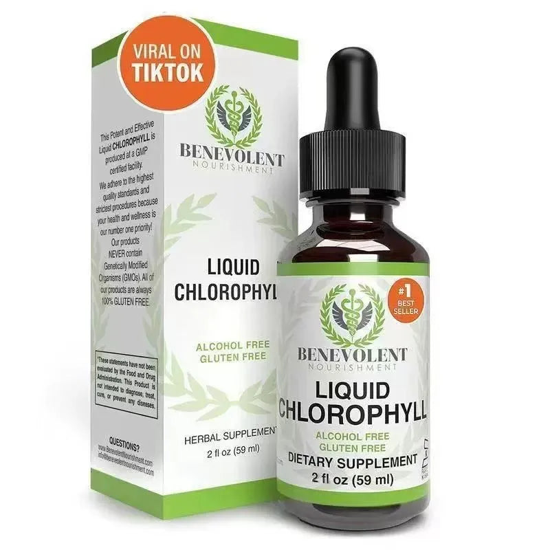60 ml bottle of liquid chlorophyll drops with peppermint oil and a dropper for adult digestive support.