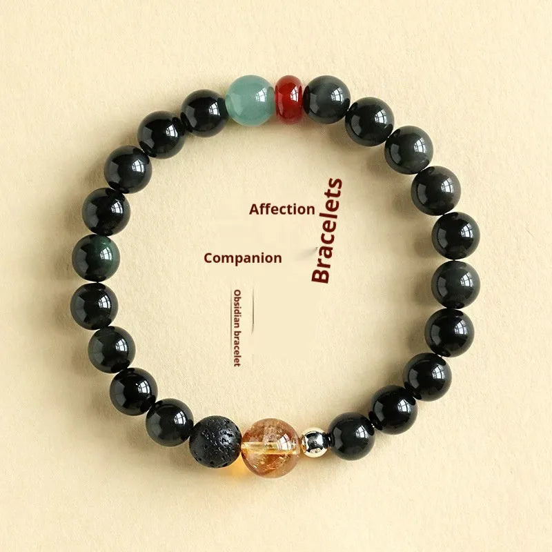 Chinese style obsidian and agate jade couple bracelet with yellow tower crystal beads.
