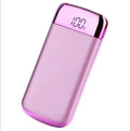 Square aluminium case power bank with battery display showing five colour options: black, blue, gold, pink, white