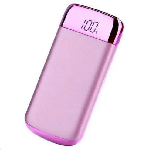 Square aluminium case power bank with battery display showing five colour options: black, blue, gold, pink, white