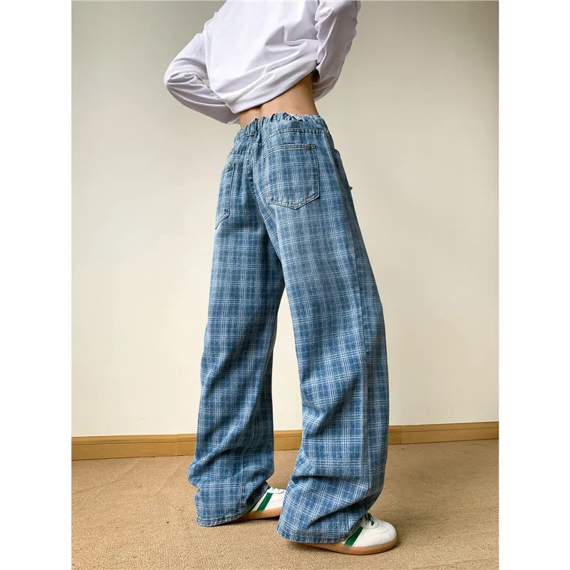 Retro blue plaid wide-leg skinny jeans in cotton denim with mid waist and zip fly
