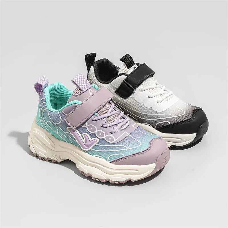 Children's black and purple striped casual trainers with mesh fabric upper and rubber sole.