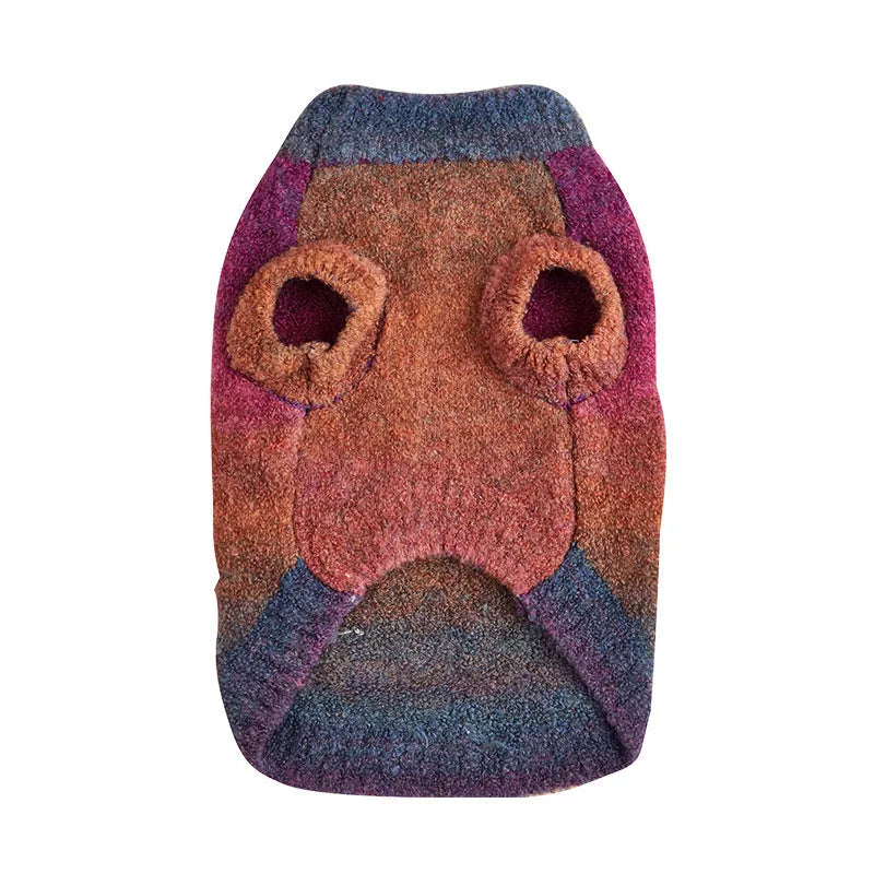 Dopamine style rainbow circle pattern dog sweater in wool acrylic blend fabric