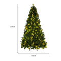Green and white PVC artificial snow Christmas tree with metal stand, shown at 180cm and 230cm heights.
