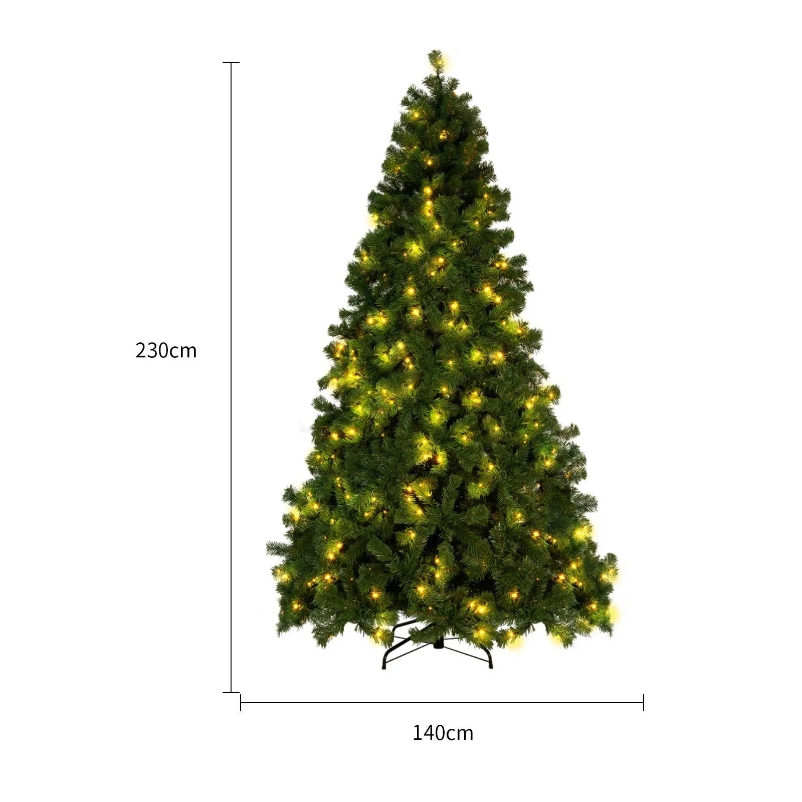 Green and white PVC artificial snow Christmas tree with metal stand, shown at 180cm and 230cm heights.
