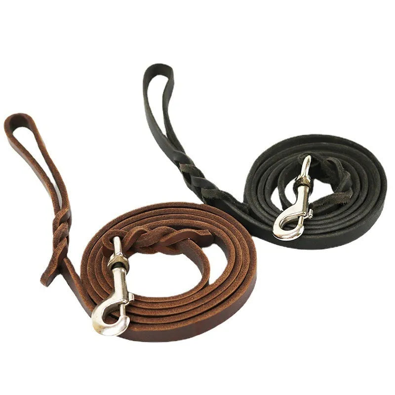 Genuine cowhide leather dog walking rope for large breed dogs, shown in light brown colour.