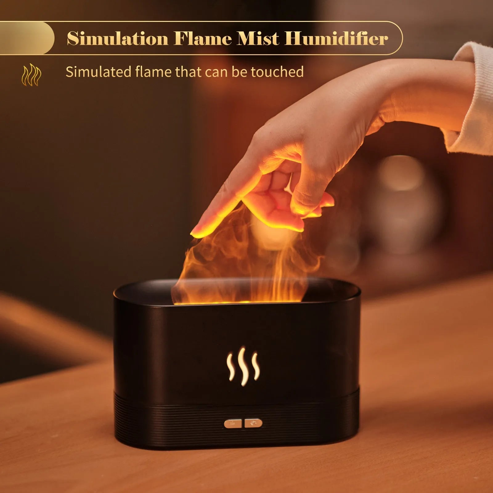 Black square ultrasonic aroma diffuser with LED flame light effect and mist output.