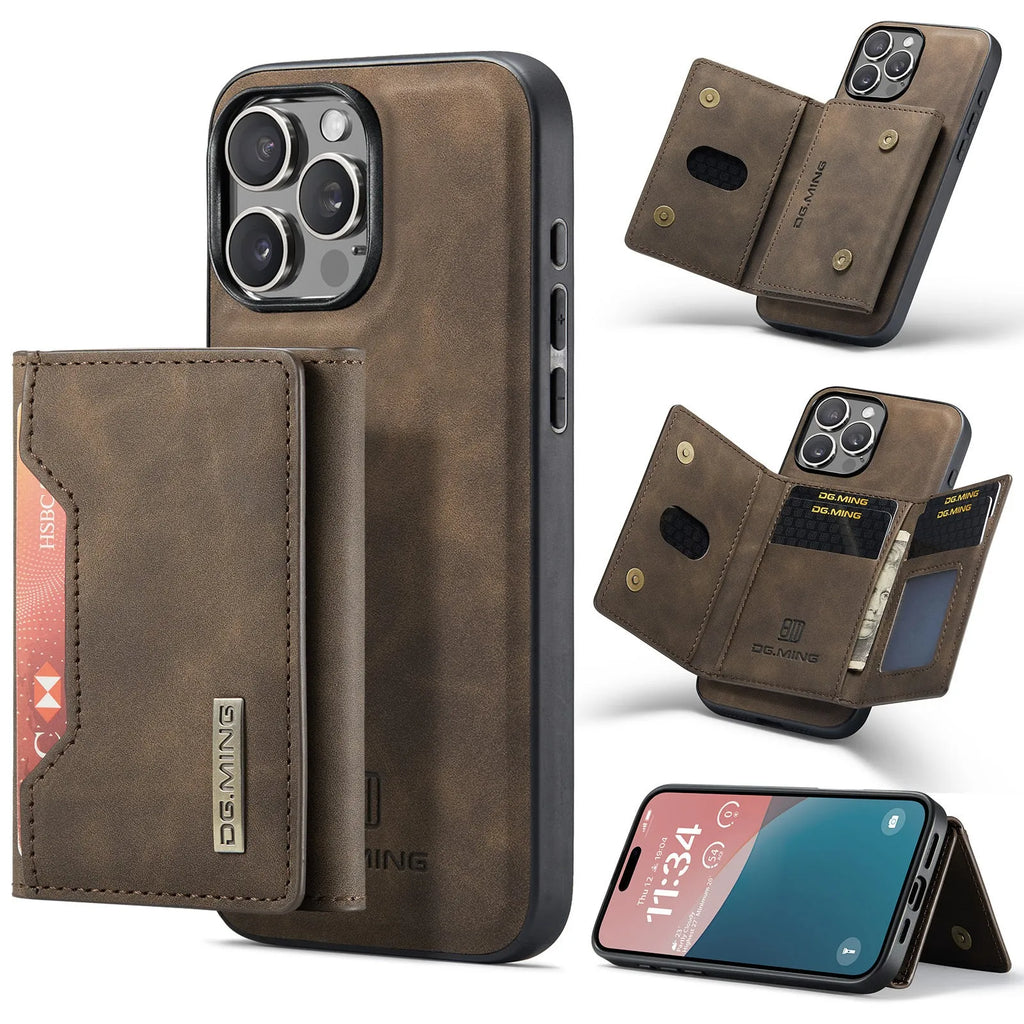 Magnetic card case for iPhone 16 Pro Max in retro PU leather with split design and card slot