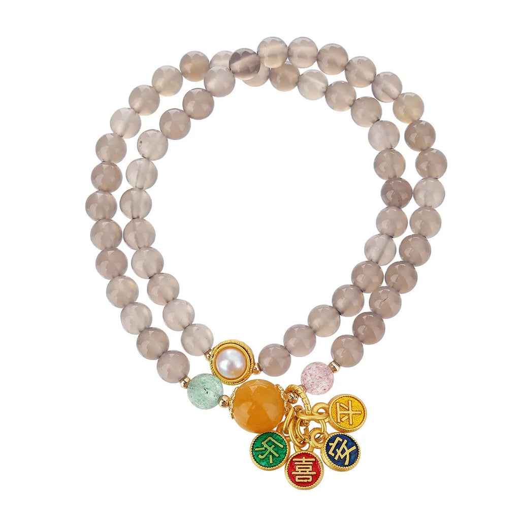 Natural grey agate women's bracelet with two-circle design showing safe and happy symbolism