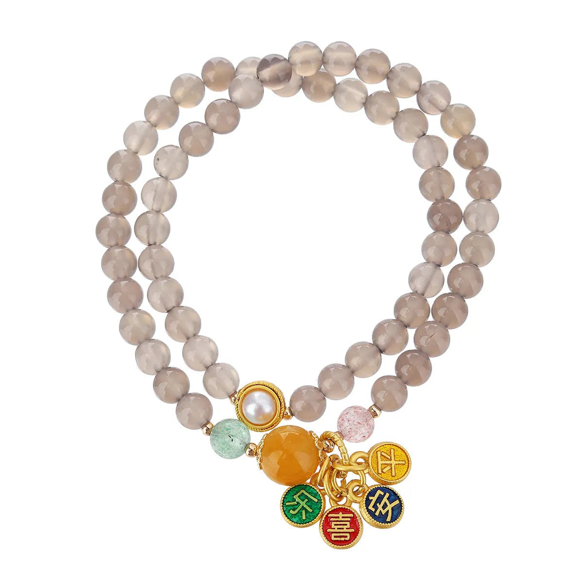 Natural grey agate women's bracelet with two-circle design showing safe and happy symbolism