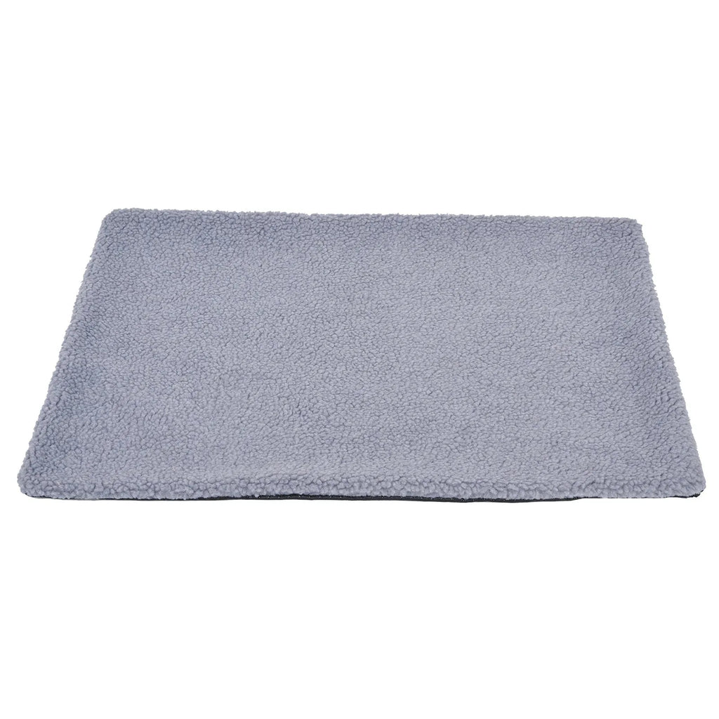 Grey self-heating pet pad for cats on floor next to measuring tape showing 95cm length