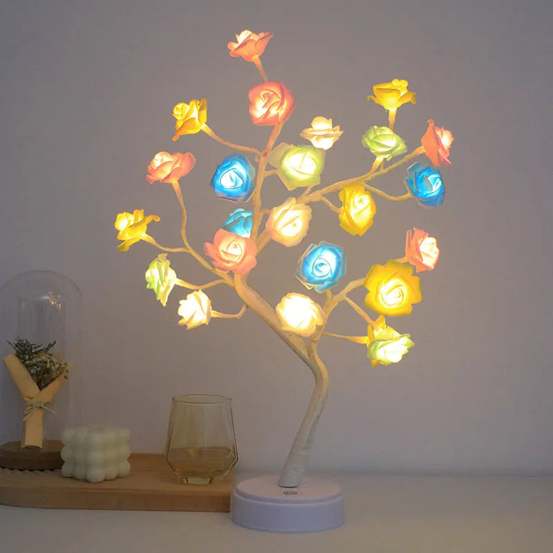 LED rose tree lamp with black tree and pink roses, compact plastic desk lamp with touch screen base
