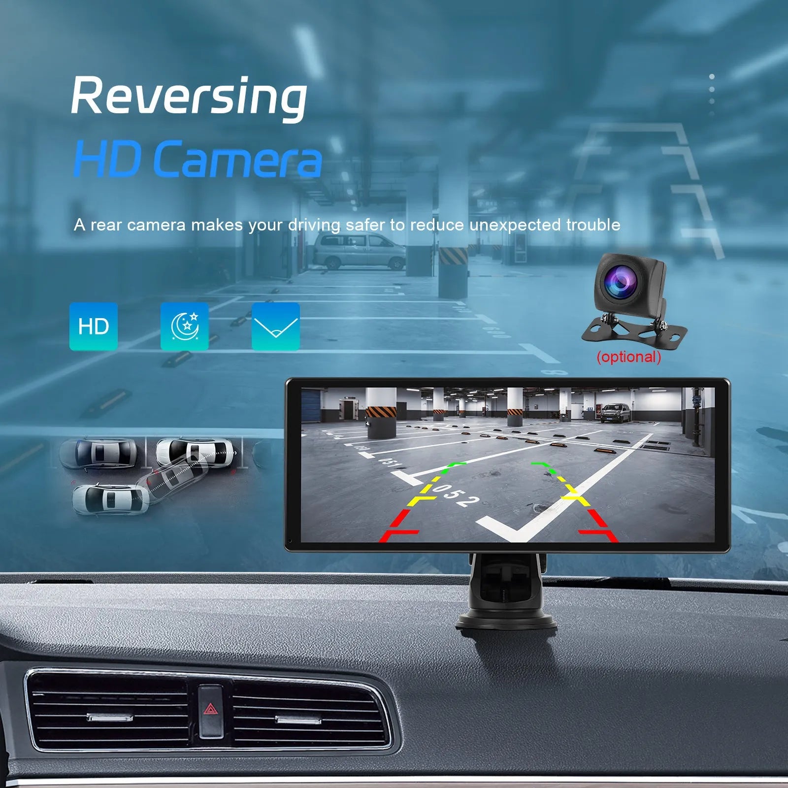 11.3-inch Android car display screen with touch interface shown on a car dashboard