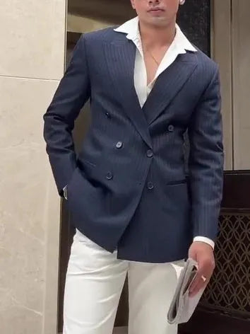 Men's classic striped double-breasted polyester blazer on a hanger, showing regular fit and length.