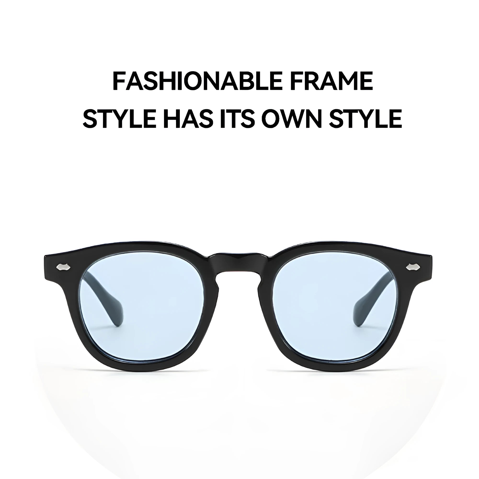 Simple round rim plastic sunglasses on a table showing bright black frame with blue lens.