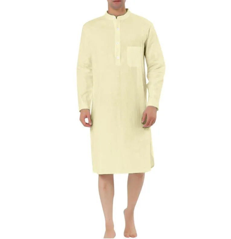 Men's shirt-style cotton robe in multiple colour options on a size chart.