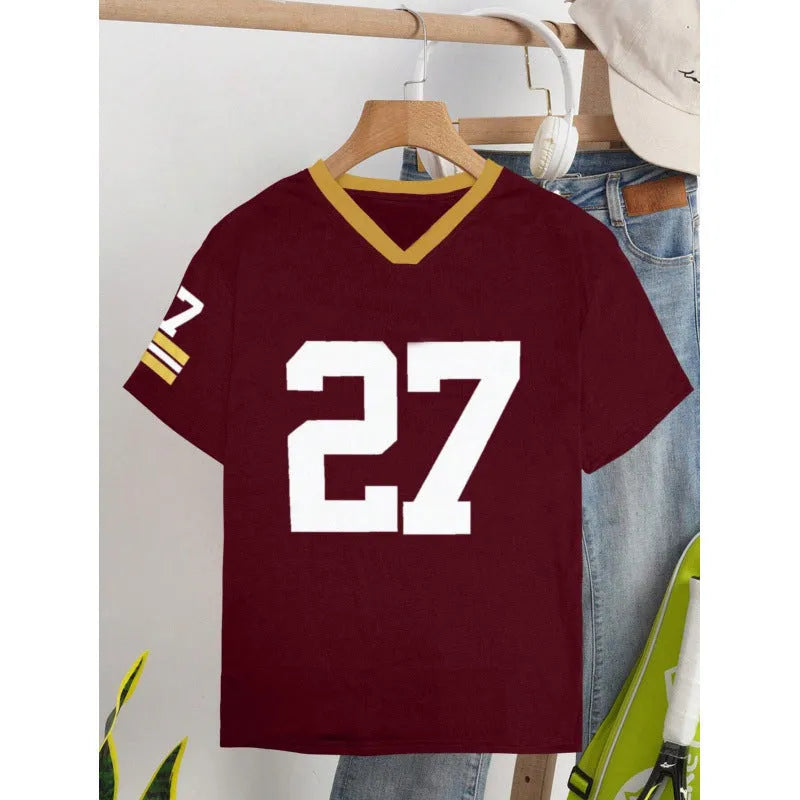 Red loose fit cotton t-shirt with white printed lettering on the front.