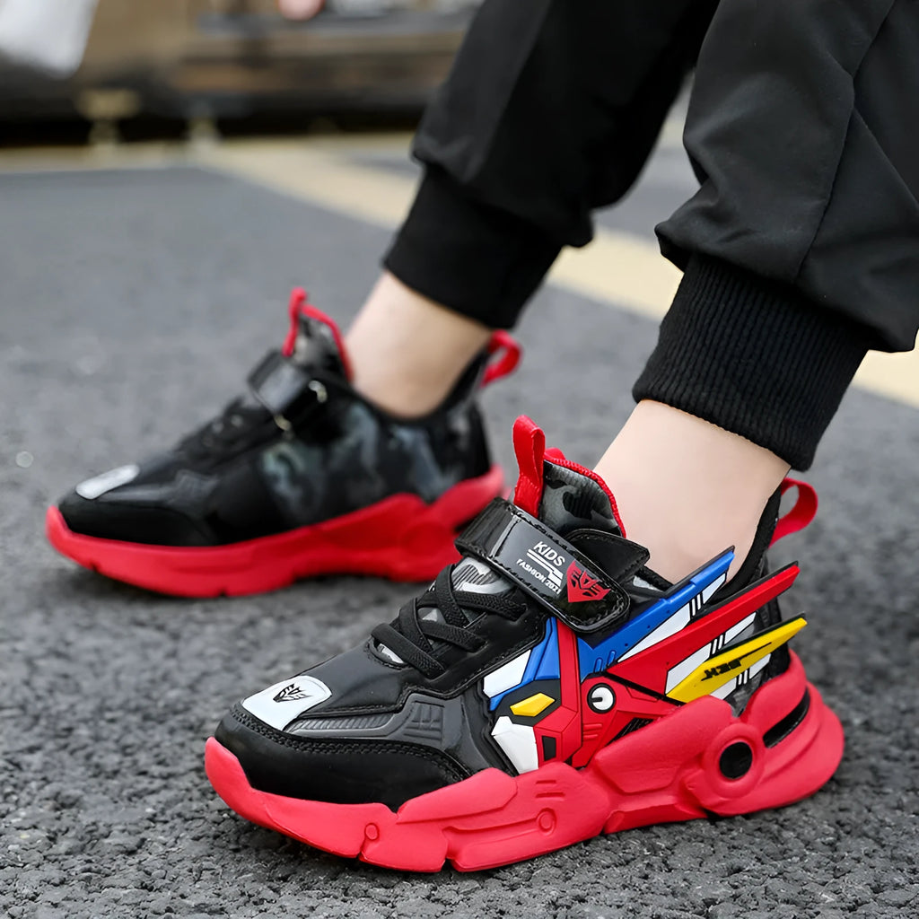 Children's running shoes with artificial leather surface and Velcro fastening in cartoon pattern design