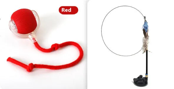 Interactive cat toy ball in red with three mode indicators and realistic bird sound