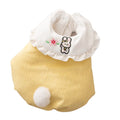 Bunny embroidered pet coat with ruffled white collar and fluffy pom-pom tail in lavender colour on a small dog