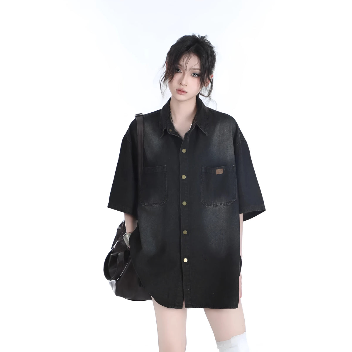 American retro heavy wash denim short sleeve cardigan top in black or blue, colour block pattern, sizes M to 3XL