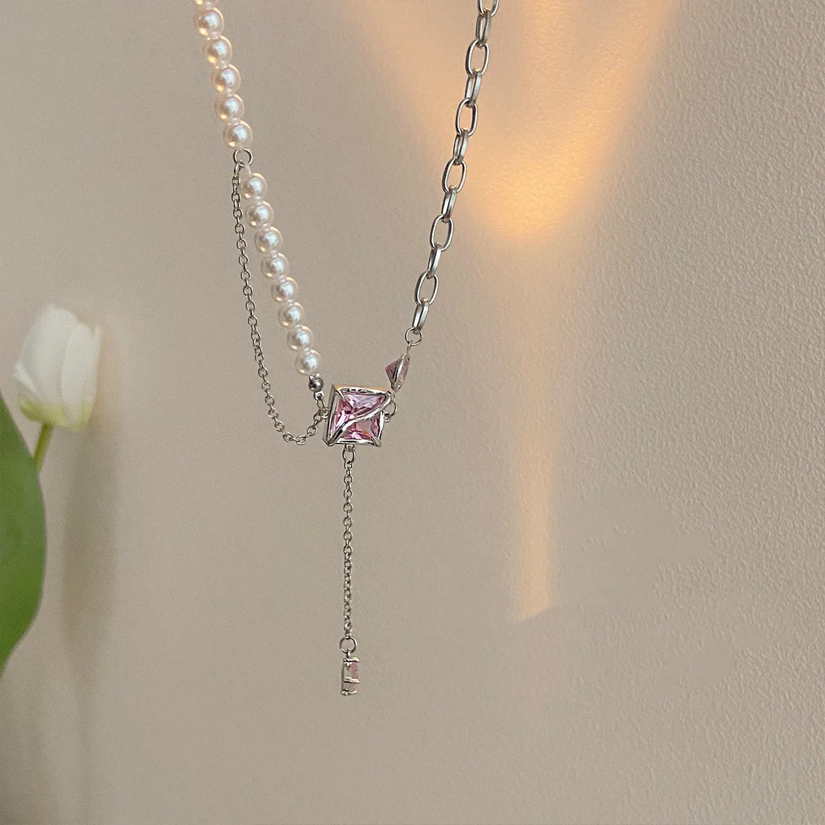 Pink crystal geometric necklace with stainless steel box chain and mixed gem inlay pendant