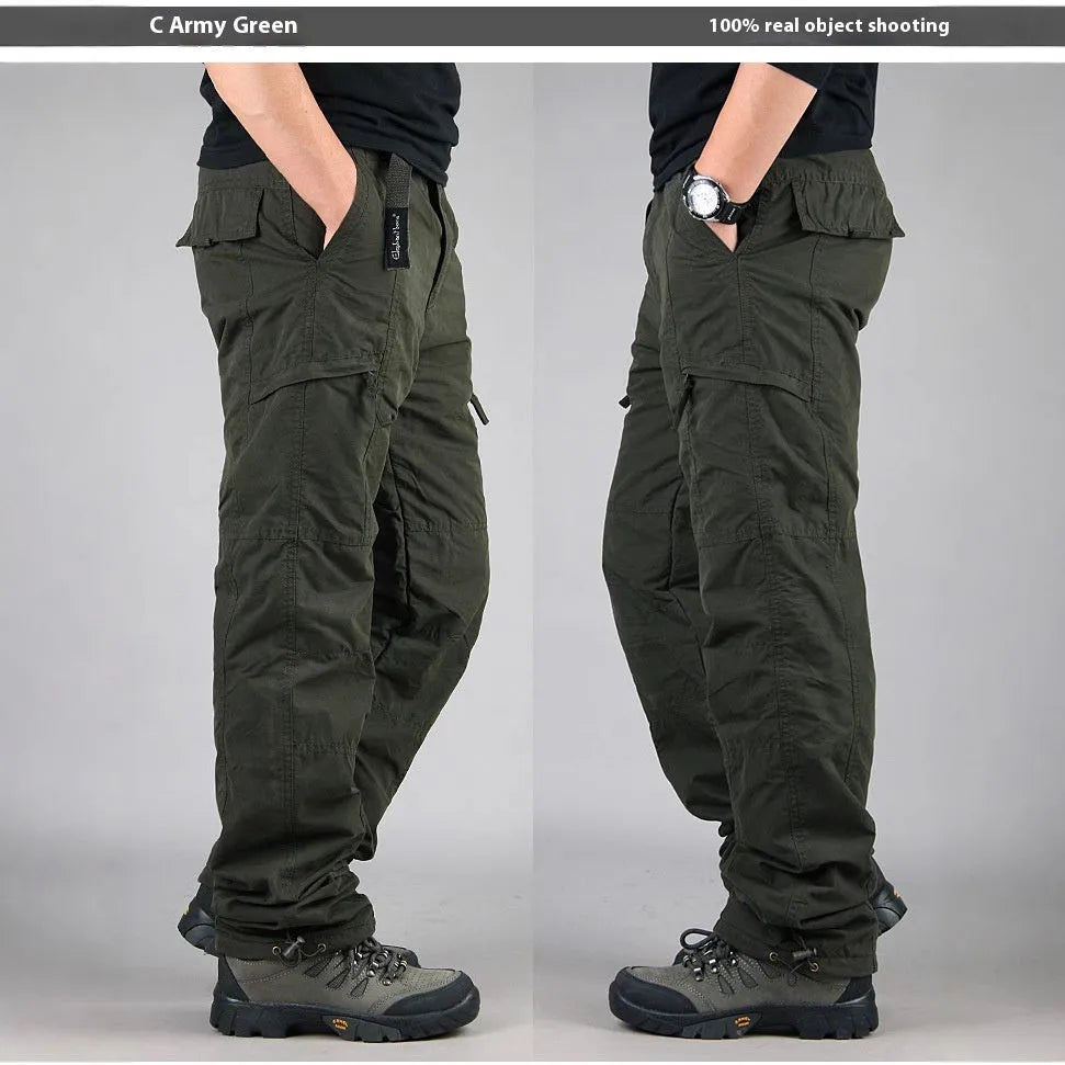 Men's khaki cotton overalls with velvet lining, showing loose fit and straight leg style
