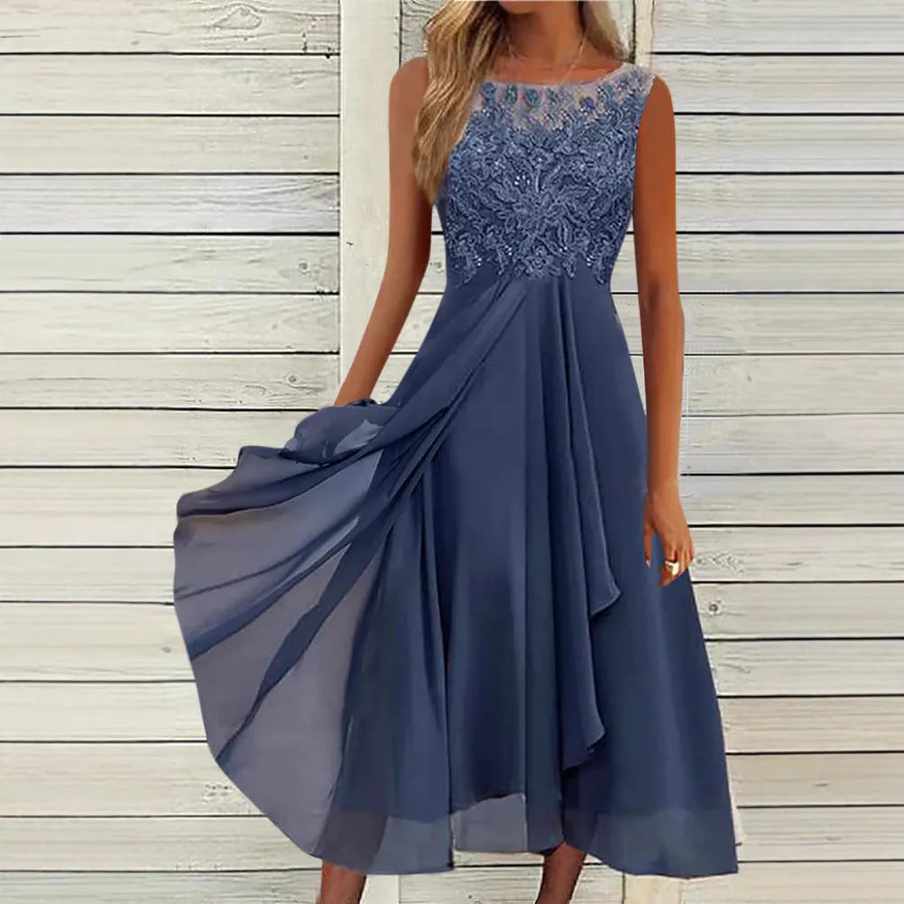 Women's sleeveless chiffon midi dress with lace hollow-out stitching in blue.