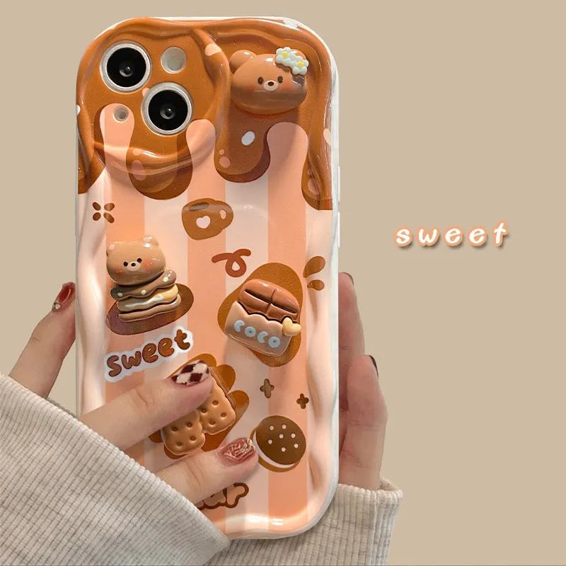 Cream pattern silicone phone case with chocolate bear doll lanyard for Apple iPhone 15 Pro