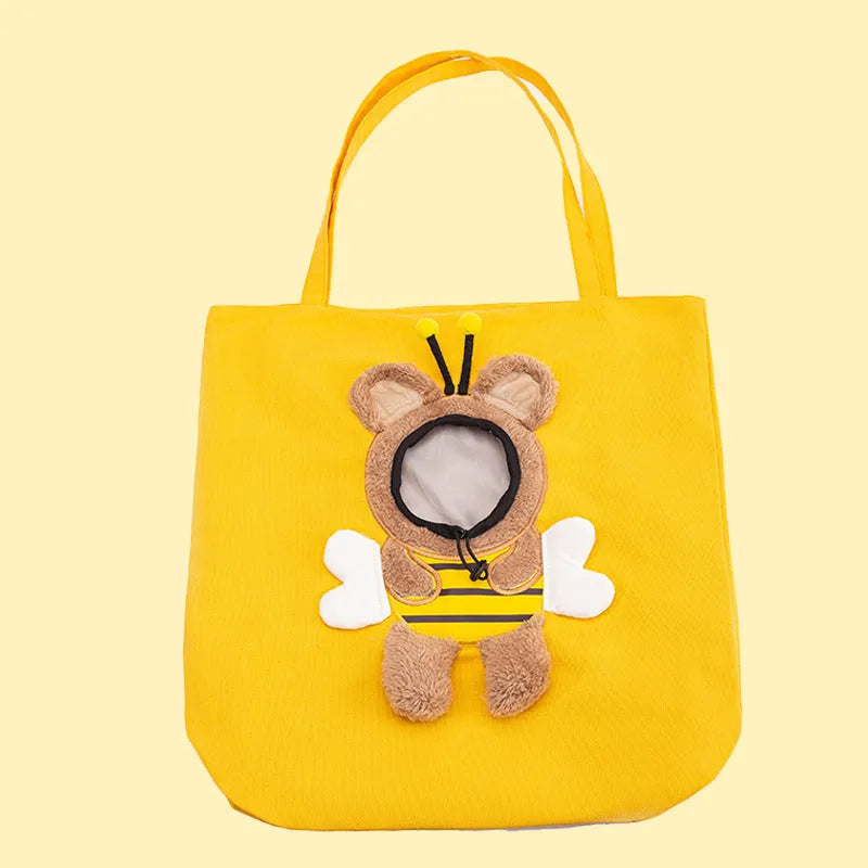 Little Bee Design canvas pet carrier shoulder bag with safety zippers and 3D animal pattern