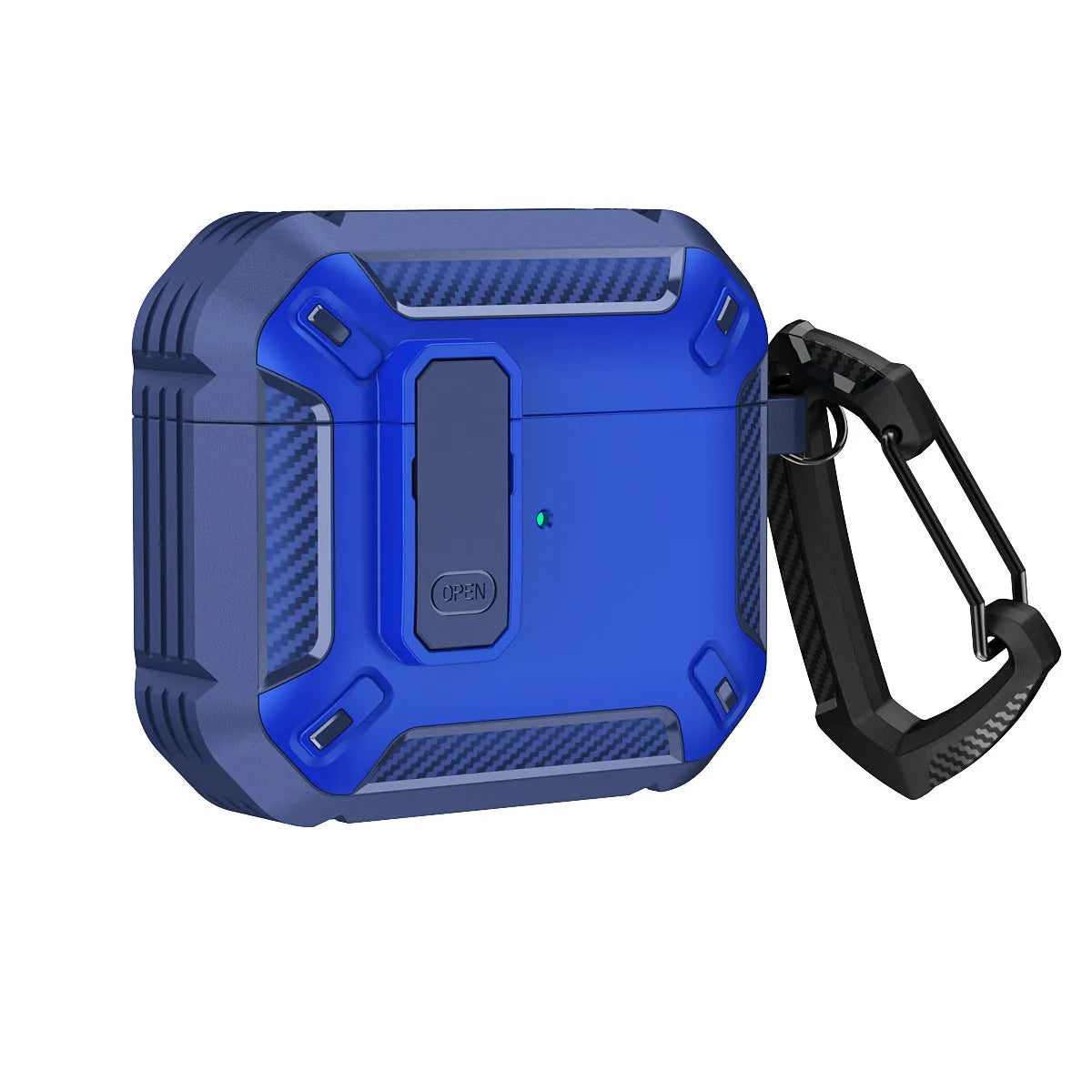Hard plastic protective shell case with metal hook for Apple AirPods charging case in two-tone black and yellow.