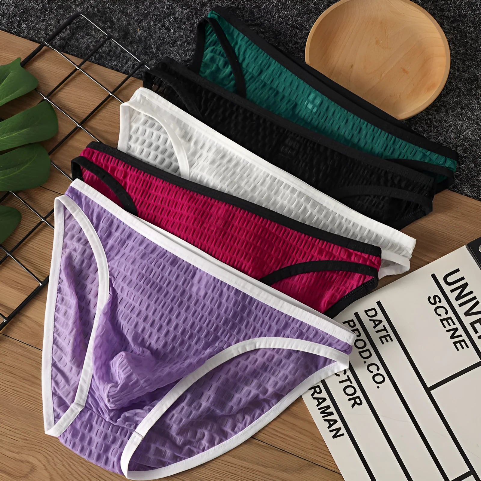 Men's low waist transparent lace underwear in white, black, green, light purple, or rose red