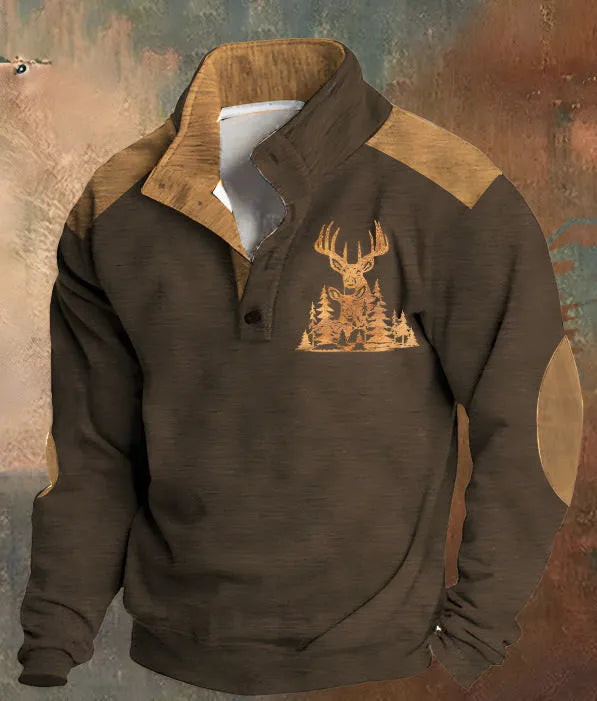 Man's loose fit grey sweater with blue 3D geometric digital print pattern and four-button front.