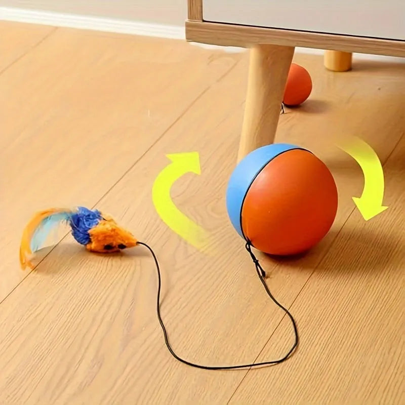 Blue and orange interactive cat toy plush mouse ball with catnip pocket for feline exercise