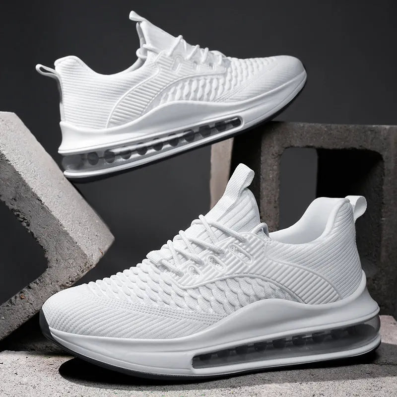 Men's low-top black mesh running shoes with white sole and lace-up front.