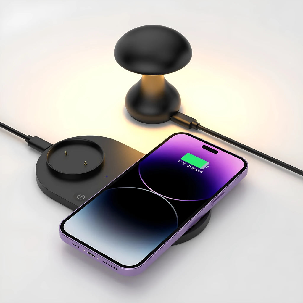 White multifunctional mushroom lamp with 10W wireless phone charger on a desk