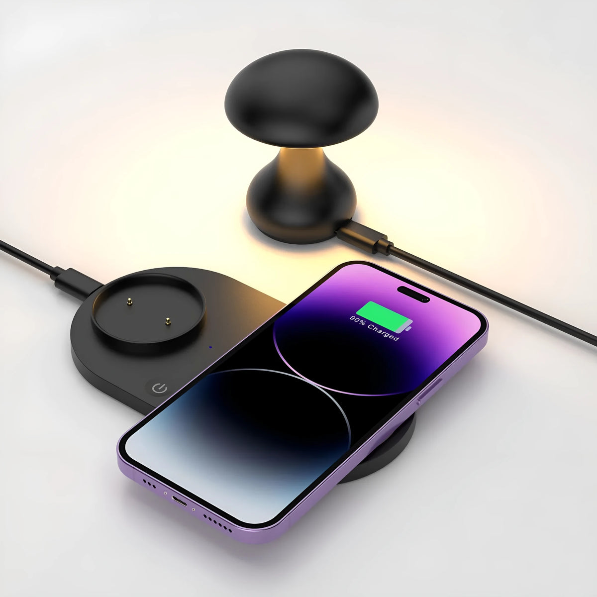 White multifunctional mushroom lamp with 10W wireless phone charger on a desk