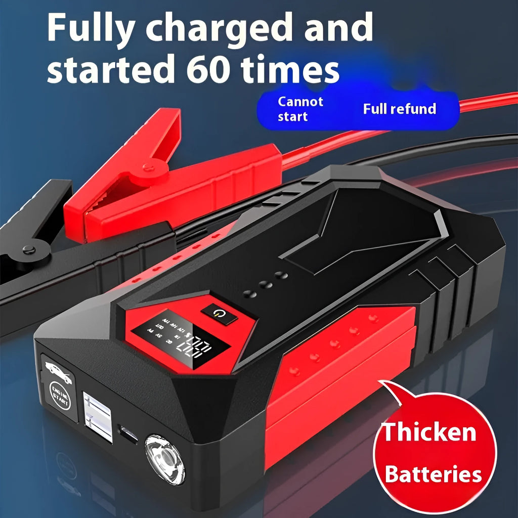 Red 12V car emergency jump starter power bank with battery clamps
