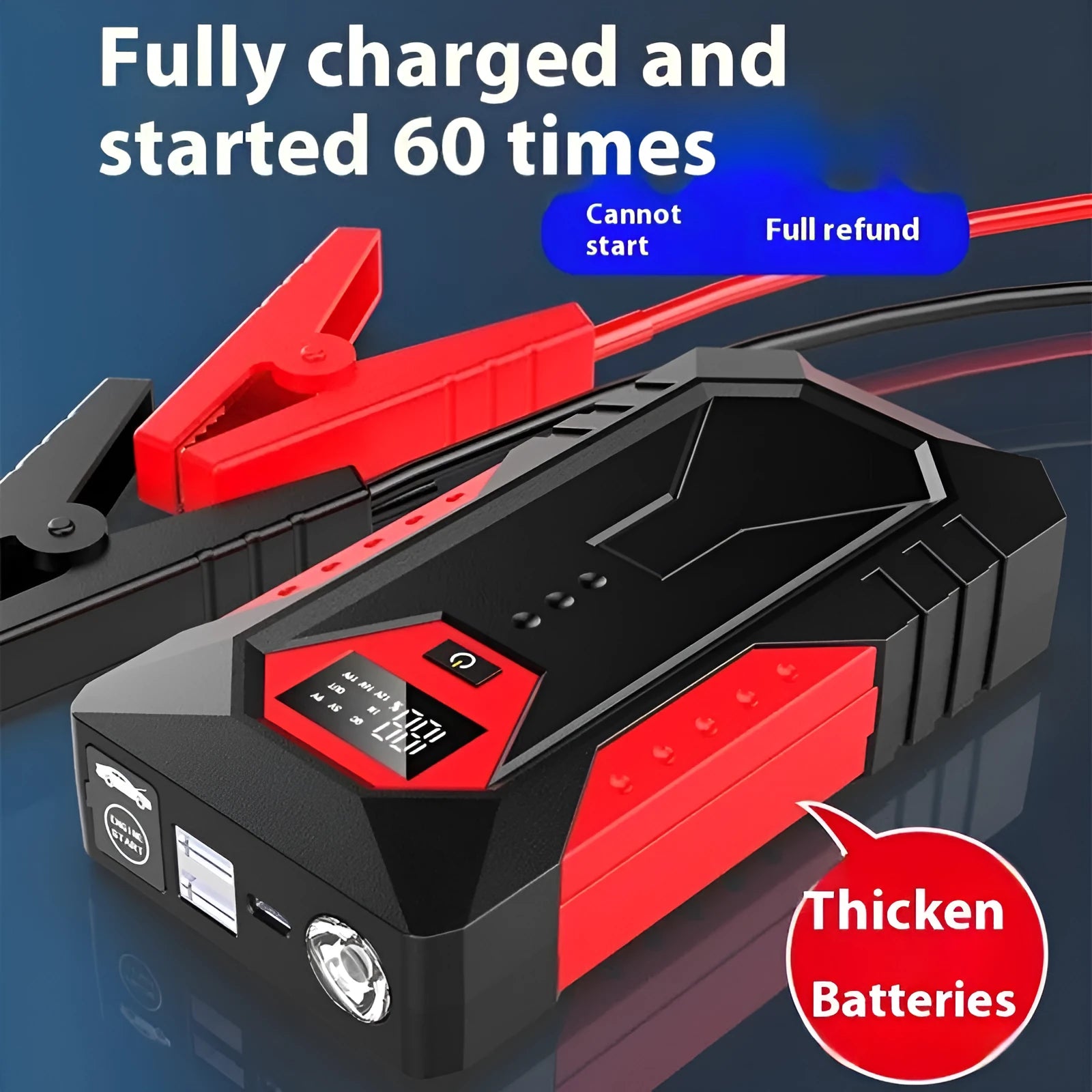 Red 12V car emergency jump starter power bank with battery clamps
