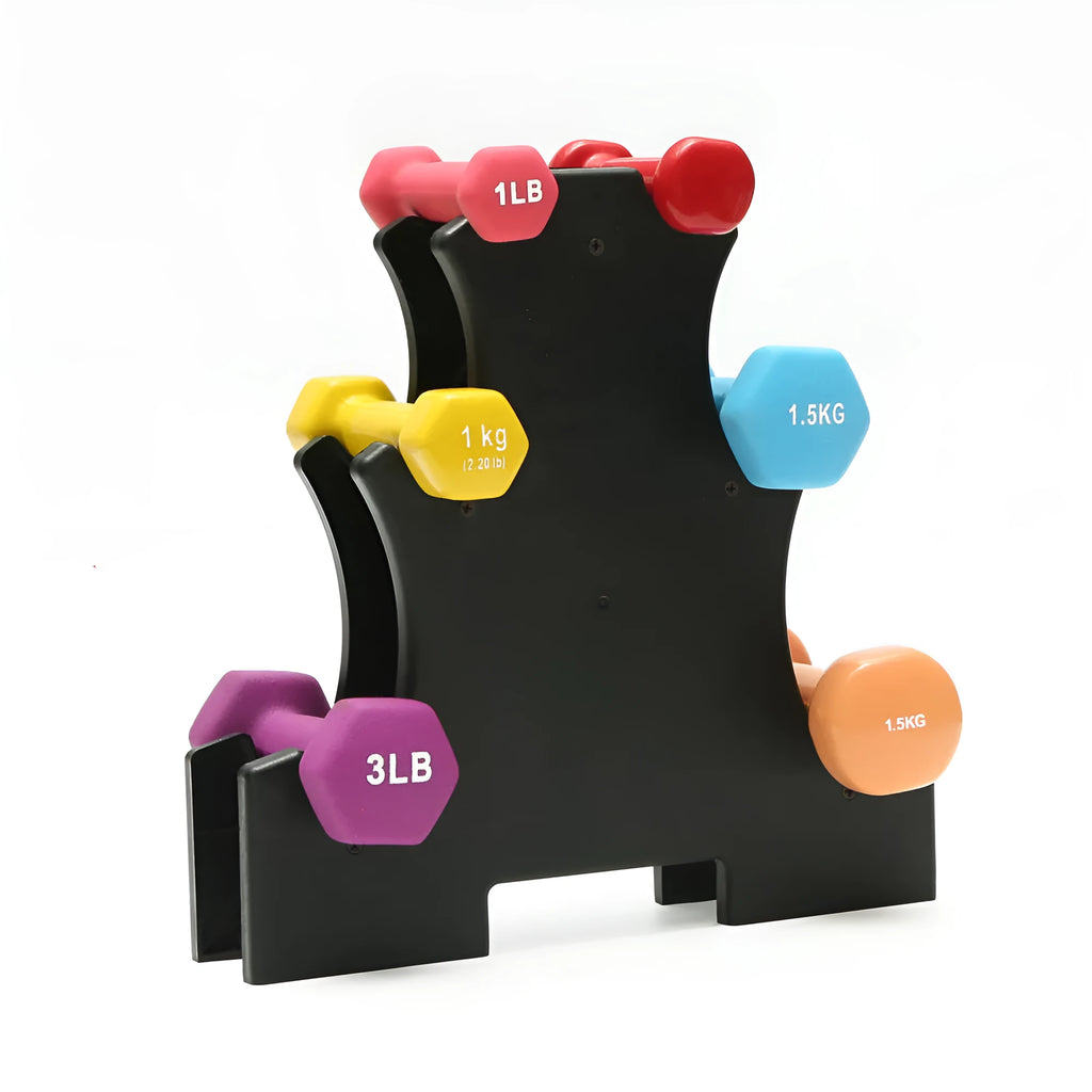 White PVC removable dumbbell rack stand holding multiple dumbbells on a gym floor.