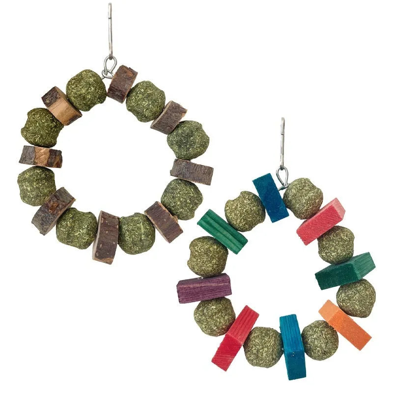 Hamster toy with Totoro-shaped rings, straw balls, and applewood molar rods for small pets