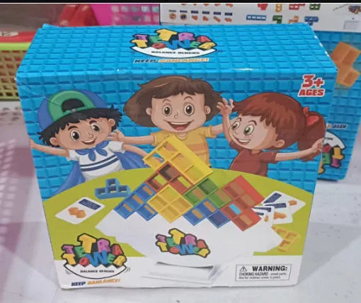 Plastic balance stacking board game with coloured building blocks on chassis for kids and adults