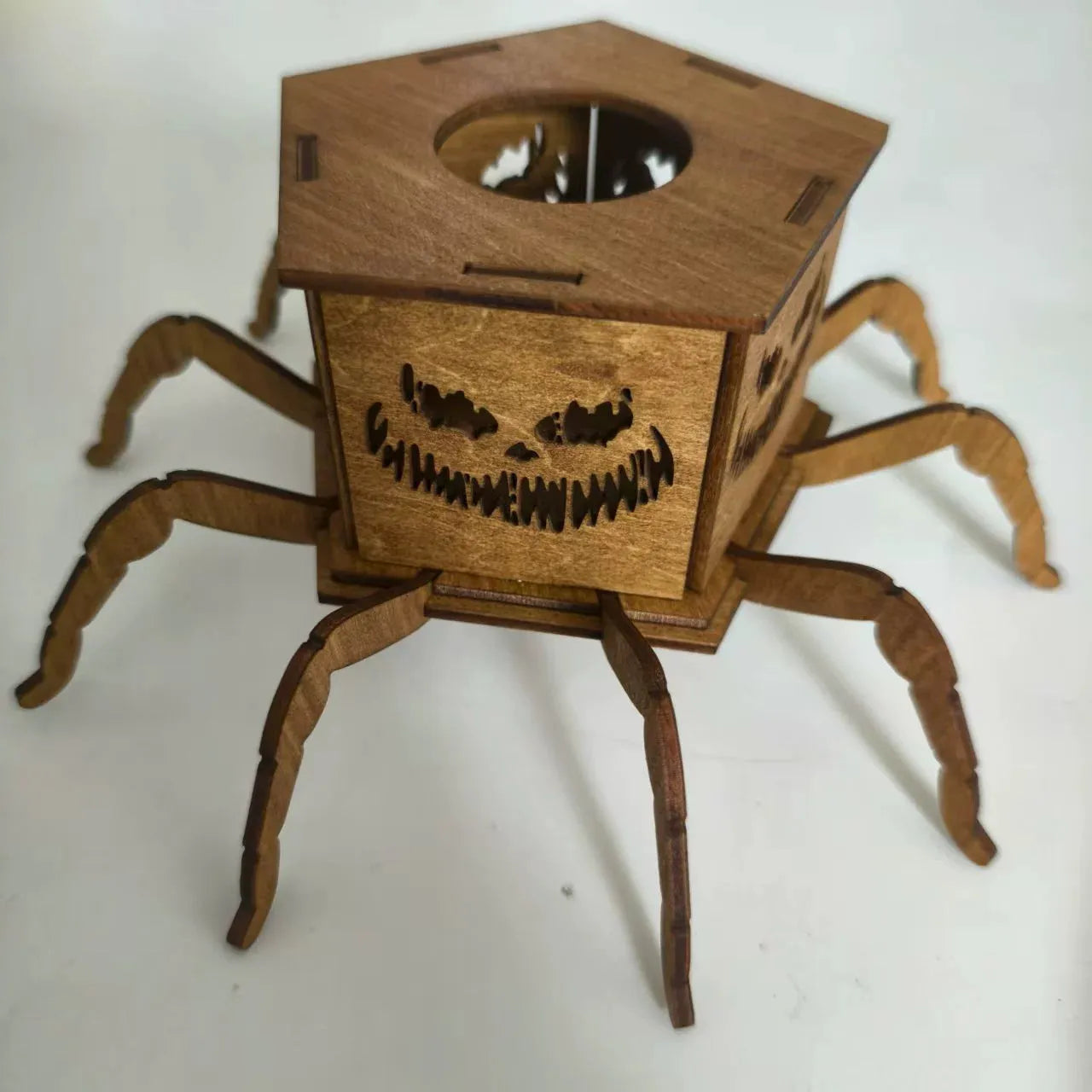 Wooden Halloween candlestick with ghost and spider miniature lantern design measuring 21cm tall