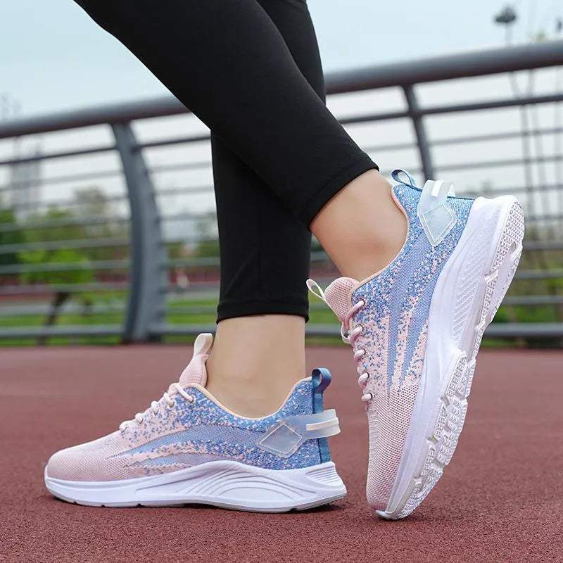 Anti-slip dance flat mesh sports shoes in Blue Pink with low heel and lace-up fastening