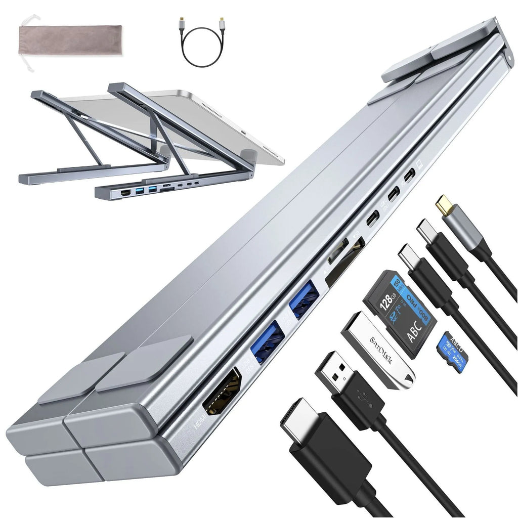 Aluminium alloy folding laptop docking stand with multi-port hub, shown in open and closed positions.