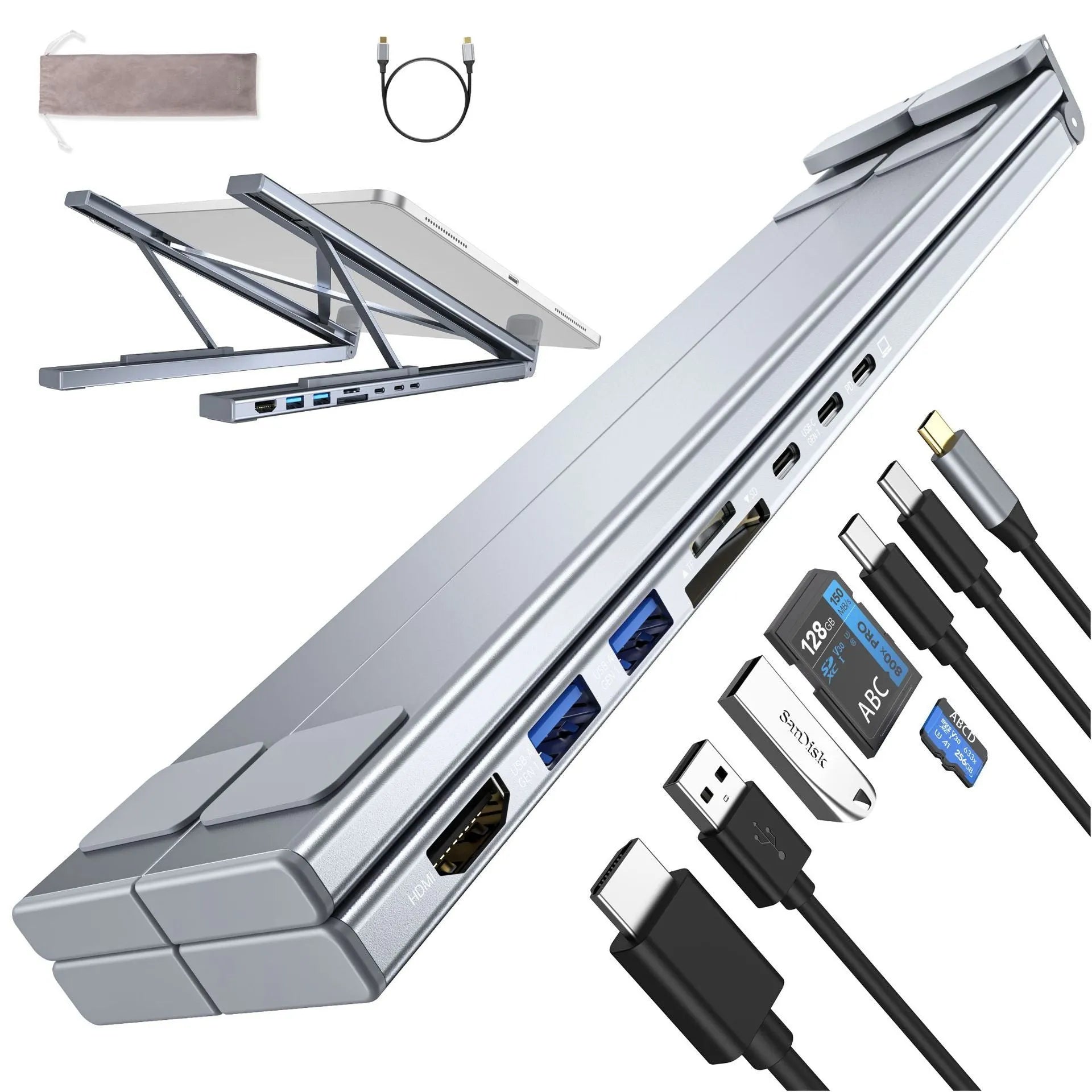 Aluminium alloy folding laptop docking stand with multi-port hub, shown in open and closed positions.